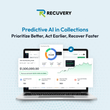 Promotional graphic for Predictive AI in Collections by Recovery, showing multiple devices with charts and a rising graph.