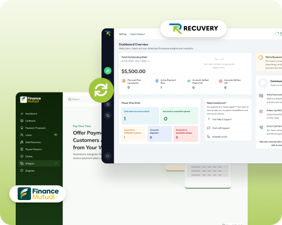 Overview of a financial management dashboard with Finance Mutual branding on a green gradient background.