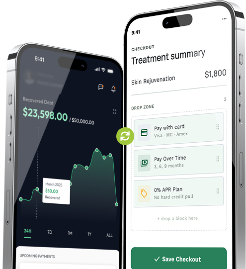 Two smartphones display a fintech app: left screen shows a debt recovery dashboard with a green line chart and amount; right screen shows a 'Treatment summary' checkout with card payment options and a 'Save Checkout' button.