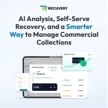 Ad for Recovery AI: tablet and phone screens showing dashboards for AI analysis, self-serve recovery, and smarter commercial collections.
