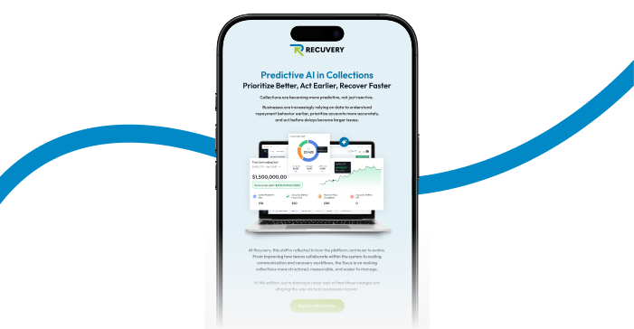 Phone displaying Recovery's marketing page: Predictive AI in Collections with charts and a demo dashboard.
