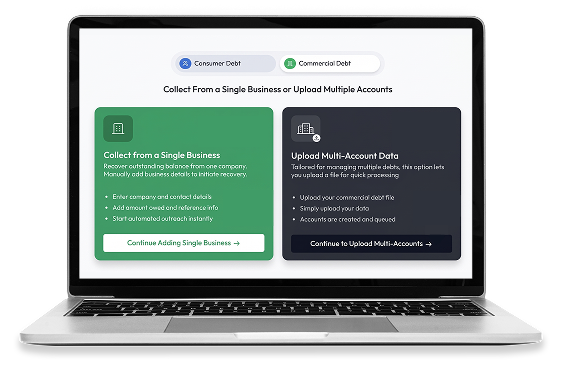Laptop screen showing a UI with two panels: 'Collect from a Single Business' (green) and 'Upload Multi-Account Data' (dark), with a top debt-type toggle and a 'Continue' button on each card.