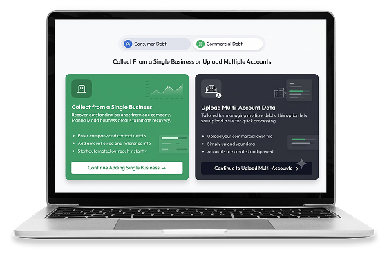 Laptop screen displaying a dashboard for collecting from a single business or uploading multiple accounts, with green (single) and dark (multi-account) panels side by side.