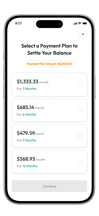 Mobile screen showing a payment plan selection with four monthly options and a disabled Continue button at bottom